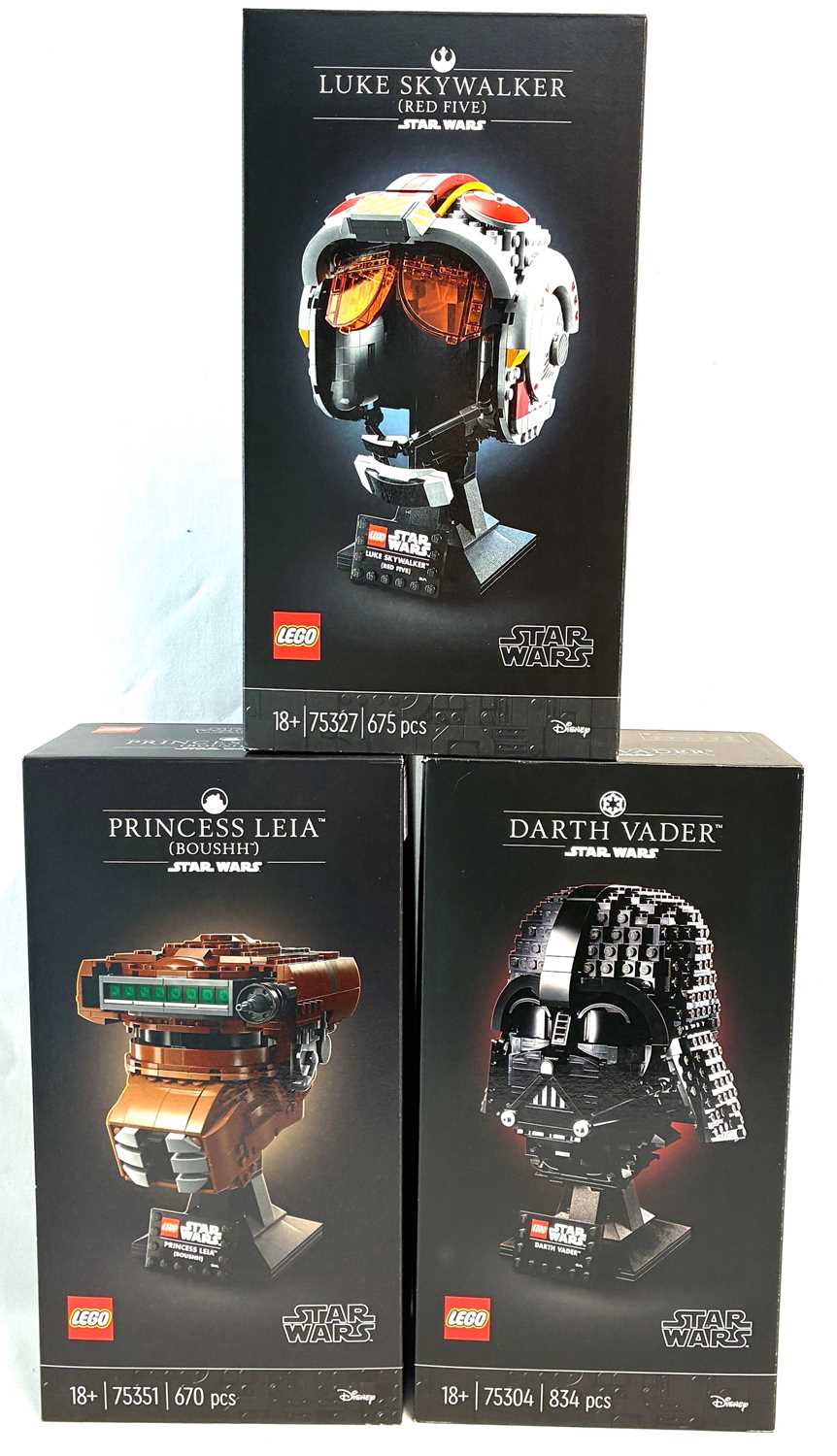 Lot 25 - Lego Star Wars Helmet Collection sets x 3 number 75327 Luke Skywalker Red 5, 75304 Darth Vader & 75351 Princess Leia Boushh MISP
