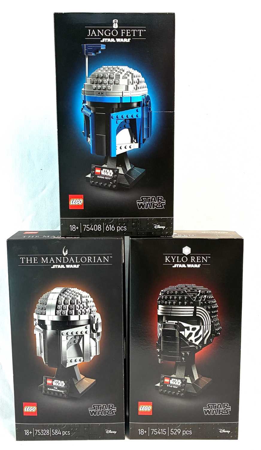 Lot 26 - Lego Star Wars Helmet Collection sets x 3 number 75408 Jango Fett, 75328 The Mandalorian & 75415 Kylo Ren MISP