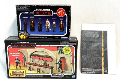 Lot 68 - Hasbro Star Wars Vintage Collection Navarro Cantina, Acolyte figure set & Black Series Boba Fett 3 3/4" Proof Card