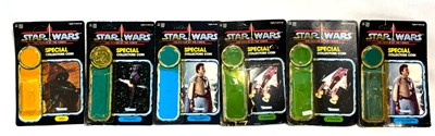 Lot 139 - Star Wars vintage Power of the Force 3 3/4" figure USED Backing Cards x 6 (5 with bubbles attached), B-Wing Pilot with Coin