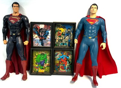 Lot 316 - Jakks Pacific Superman Large scale figures x 2 & Framed 3D Superhero Pictures x 4