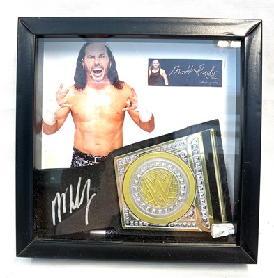Lot 458 - Wrestling signed Matt Hardy Mini Belt Framed display