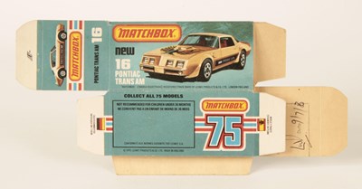 Lot 376 - Matchbox Superfast Bowater's UN-RELEASED PRINTERS PROOF "NEW" TYPE L BOX FOR 16b PONTIAC TRANS AM