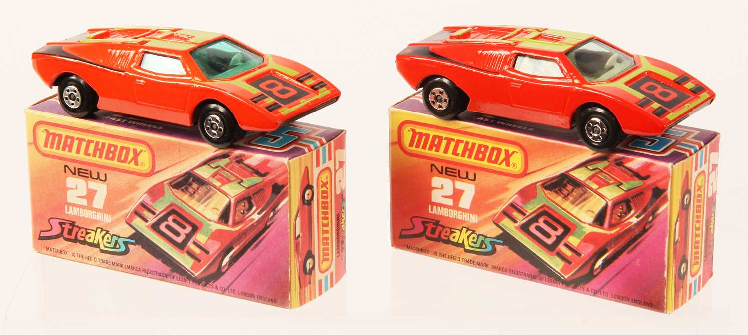 Lot 86 - Matchbox Superfast 2 x 27b Lamborghini Countach Streakers Issue - GREY & GLOSS BLACK BASES