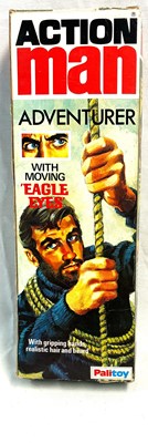 Lot 76 - Palitoy vintage Action Man Aventurer (1977) Flock Head brown Hair, Dark Jumper, Eagle Eyes & Gripping Hands MIB