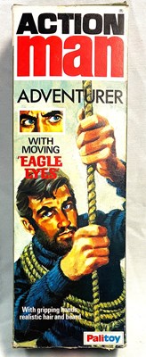 Lot 76 - Palitoy vintage Action Man Aventurer (1977) Flock Head brown Hair, Dark Jumper, Eagle Eyes & Gripping Hands MIB