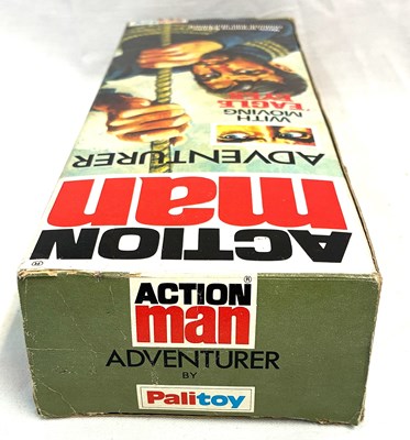 Lot 76 - Palitoy vintage Action Man Aventurer (1977) Flock Head brown Hair, Dark Jumper, Eagle Eyes & Gripping Hands MIB