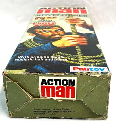 Lot 76 - Palitoy vintage Action Man Aventurer (1977) Flock Head brown Hair, Dark Jumper, Eagle Eyes & Gripping Hands MIB