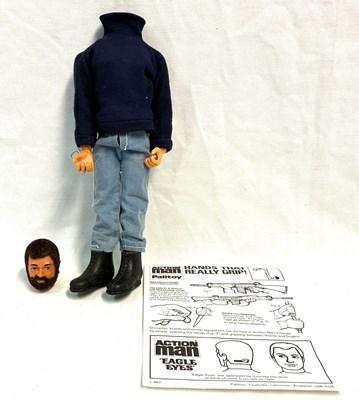 Lot 76 - Palitoy vintage Action Man Aventurer (1977) Flock Head brown Hair, Dark Jumper, Eagle Eyes & Gripping Hands MIB
