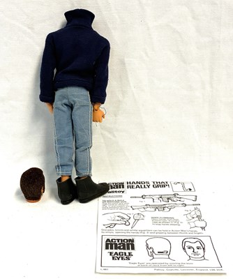 Lot 76 - Palitoy vintage Action Man Aventurer (1977) Flock Head brown Hair, Dark Jumper, Eagle Eyes & Gripping Hands MIB