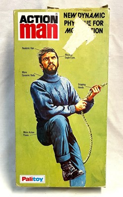 Lot 77 - Palitoy vintage Action Man Aventurer (1979) Flock Head blonde Hair, Dark Jumper, Eagle Eyes & Gripping Hands MIB