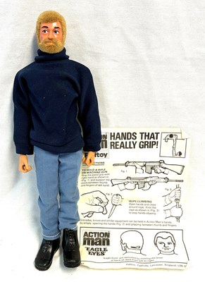 Lot 77 - Palitoy vintage Action Man Aventurer (1979) Flock Head blonde Hair, Dark Jumper, Eagle Eyes & Gripping Hands MIB