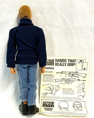 Lot 77 - Palitoy vintage Action Man Aventurer (1979) Flock Head blonde Hair, Dark Jumper, Eagle Eyes & Gripping Hands MIB