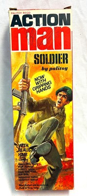 Lot 83 - Palitoy vintage Action Man Soldier (1975) Flock Head brown Hair, Gripping Hands (light trousers) MIB