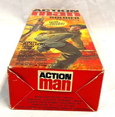 Lot 83 - Palitoy vintage Action Man Soldier (1975) Flock Head brown Hair, Gripping Hands (light trousers) MIB