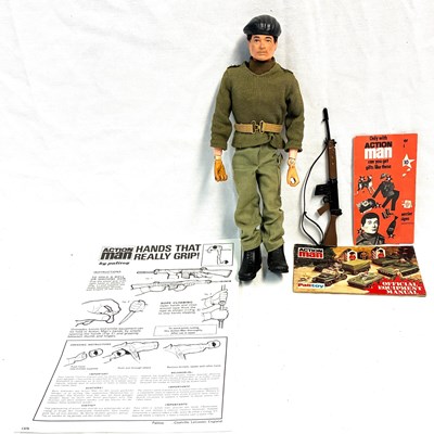 Lot 83 - Palitoy vintage Action Man Soldier (1975) Flock Head brown Hair, Gripping Hands (light trousers) MIB