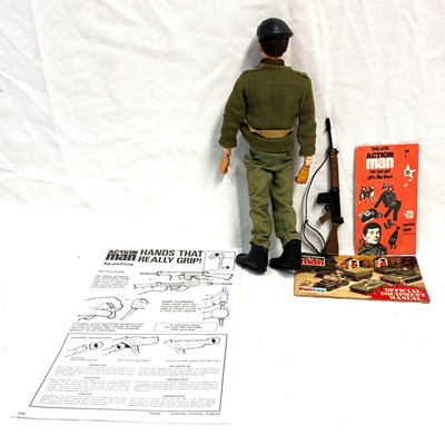 Lot 83 - Palitoy vintage Action Man Soldier (1975) Flock Head brown Hair, Gripping Hands (light trousers) MIB