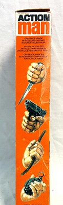 Lot 85 - Palitoy vintage Action Man Soldier (1975) Flock Head brown Hair, Gripping Hands (dark jumper) MIB