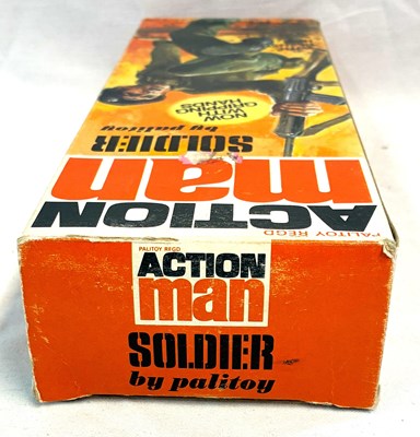 Lot 85 - Palitoy vintage Action Man Soldier (1975) Flock Head brown Hair, Gripping Hands (dark jumper) MIB