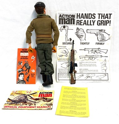 Lot 85 - Palitoy vintage Action Man Soldier (1975) Flock Head brown Hair, Gripping Hands (dark jumper) MIB