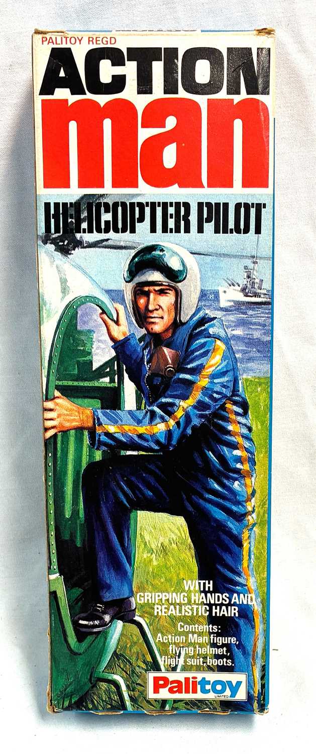 Lot 90 - Palitoy vintage Action Man Helicopter Pilot (1975) Flock Head brown Hair, Gripping Hands (reverse box sides variant) MIB
