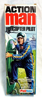 Lot 90 - Palitoy vintage Action Man Helicopter Pilot (1975) Flock Head brown Hair, Gripping Hands (reverse box sides variant) MIB