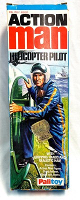 Lot 90 - Palitoy vintage Action Man Helicopter Pilot (1975) Flock Head brown Hair, Gripping Hands (reverse box sides variant) MIB