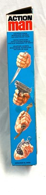 Lot 90 - Palitoy vintage Action Man Helicopter Pilot (1975) Flock Head brown Hair, Gripping Hands (reverse box sides variant) MIB