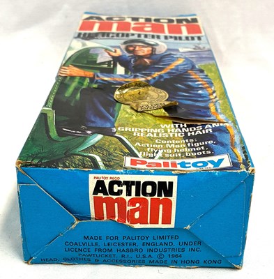 Lot 90 - Palitoy vintage Action Man Helicopter Pilot (1975) Flock Head brown Hair, Gripping Hands (reverse box sides variant) MIB