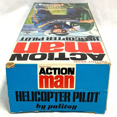 Lot 90 - Palitoy vintage Action Man Helicopter Pilot (1975) Flock Head brown Hair, Gripping Hands (reverse box sides variant) MIB