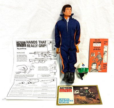 Lot 90 - Palitoy vintage Action Man Helicopter Pilot (1975) Flock Head brown Hair, Gripping Hands (reverse box sides variant) MIB